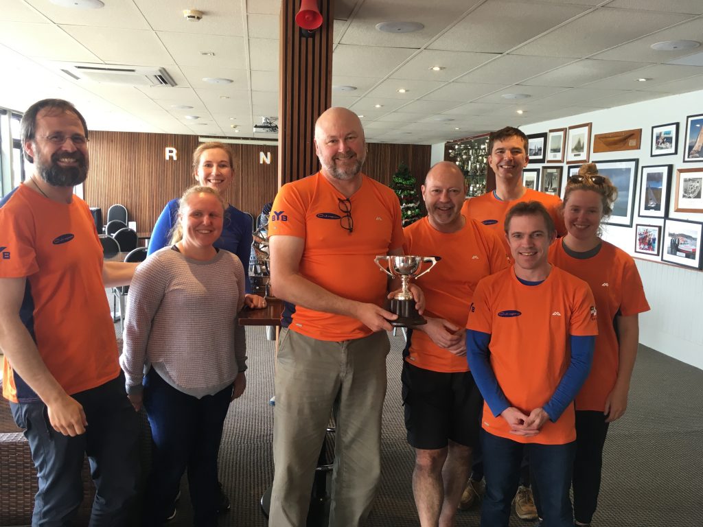 Spring Two-Handed and Divisional Series Photograph of Outrageous Crew Recieving Trophy